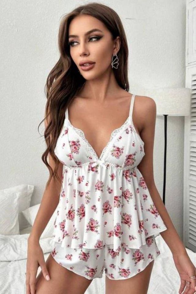 Bella Notte Beyaz Çiçek Desenli Şort Takım 7536