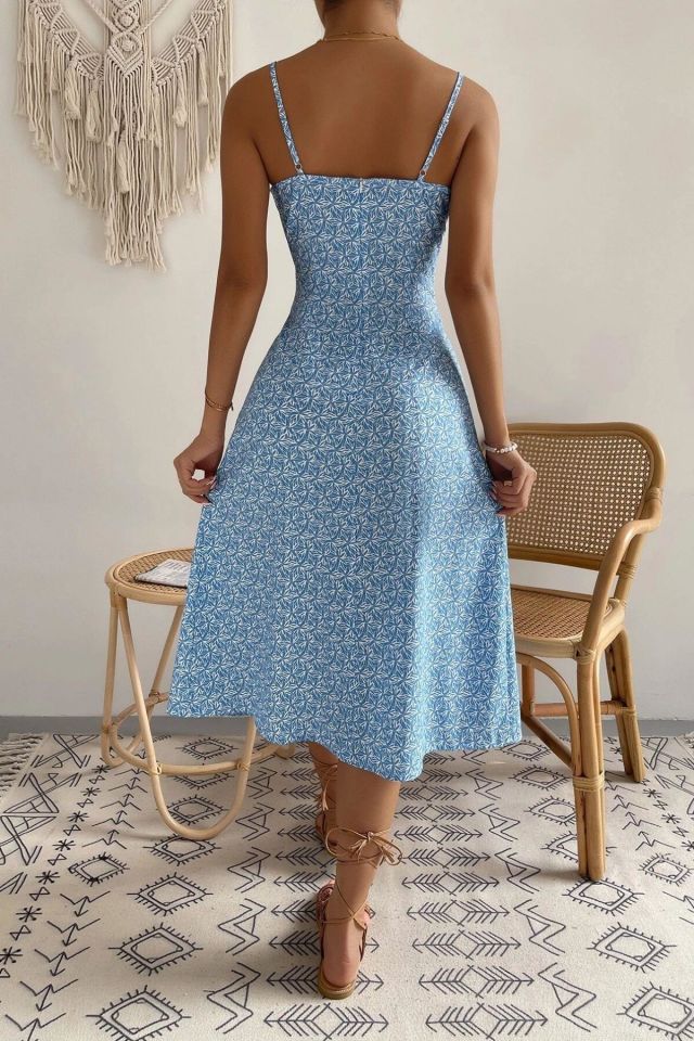 Bella Notte Mavi Bahar Yırtmaçlı Midi Elbise E-5502