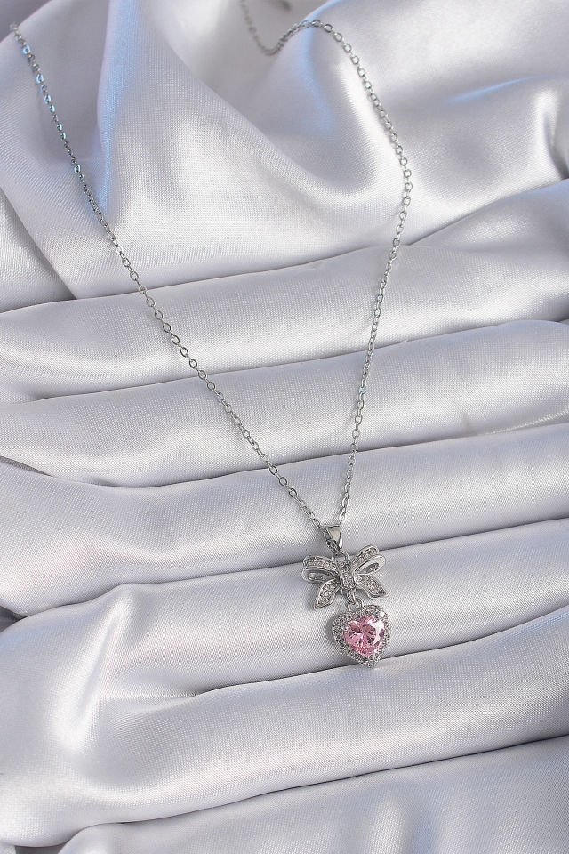Gümüş Pembe Kalpli Kurdele Kolye - 316 Çelik