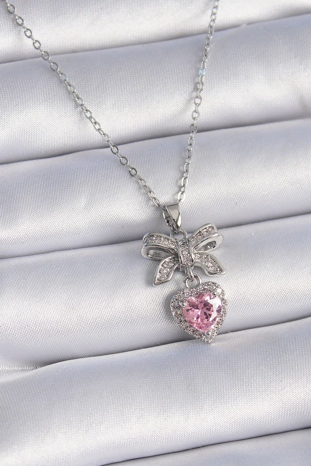 Gümüş Pembe Kalpli Kurdele Kolye - 316 Çelik
