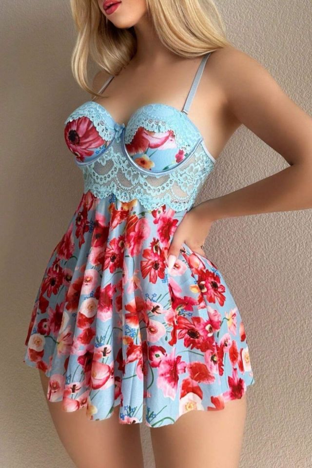 Bella Notte Mavi Rüya Gecesi Çiçekli Askılı Mini Gecelik 15628