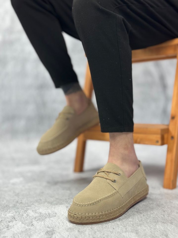 BA0358 BOA Doğal Deri Tozu Bağcıklı Kauçuk El Yapımı Espadril Taban Bej Renk Erkek Ayakkabı