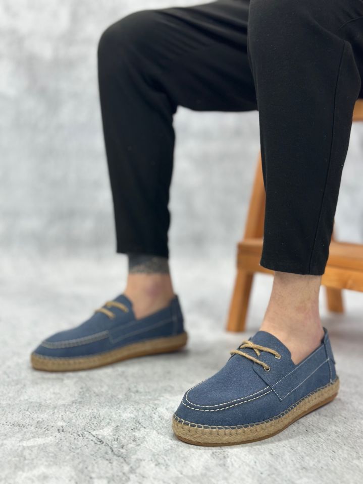 BA0358 BOA Doğal Deri Tozu Bağcıklı Kauçuk El Yapımı Espadril Taban Mavi Renk Erkek Ayakkabı