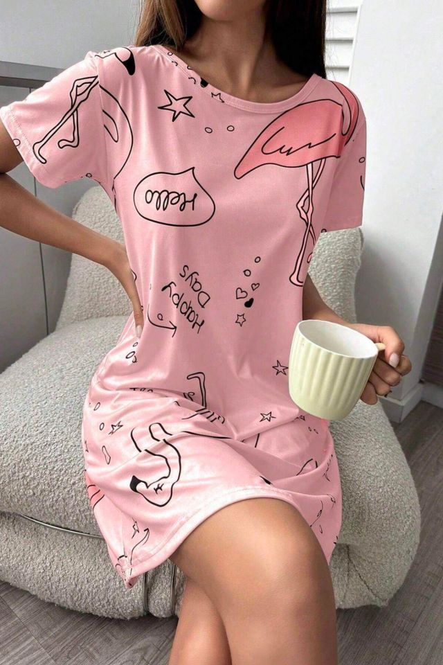 Bella Notte Pembe Flamingo Desenli Kadın Gecelik- Uyku Elbisesi 15726