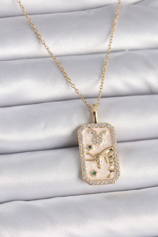 Gold Boğa Burcu Zirkon Kolye  - 316L Çelik