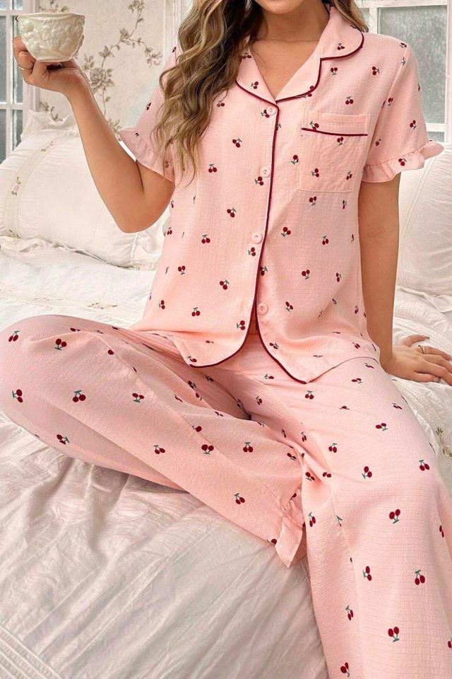 Bella Notte Kiraz Desenli Düğmeli Bebe Yaka Pijama Takımı 7035