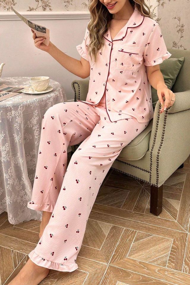 Bella Notte Kiraz Desenli Düğmeli Bebe Yaka Pijama Takımı 7035
