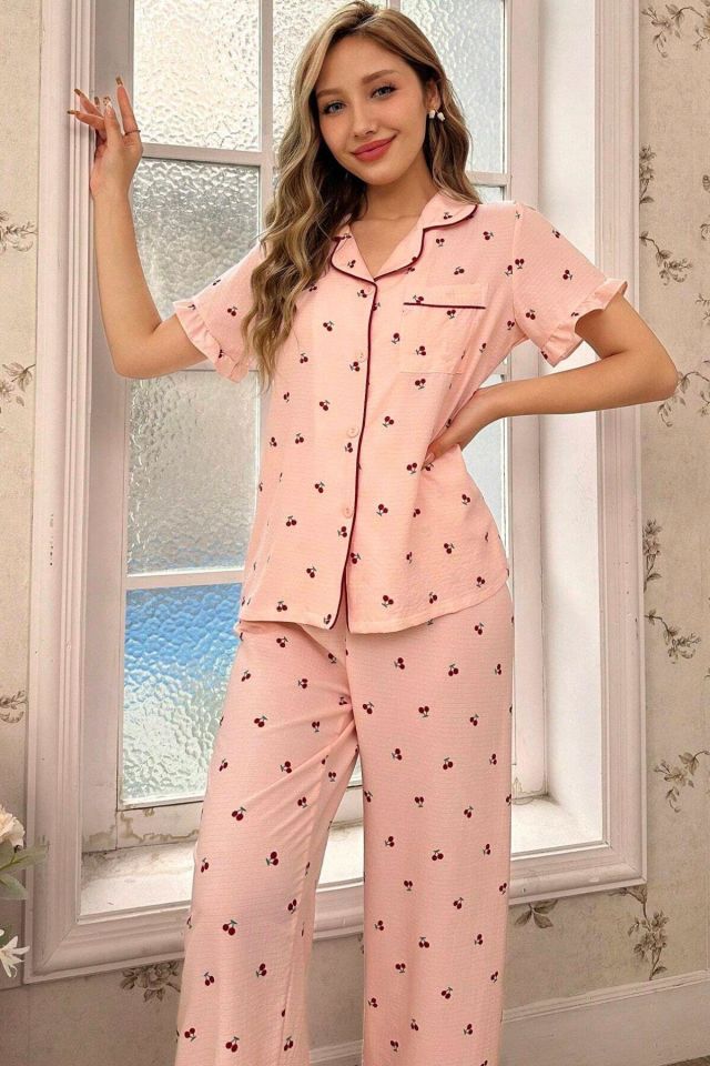 Bella Notte Kiraz Desenli Düğmeli Bebe Yaka Pijama Takımı 7035