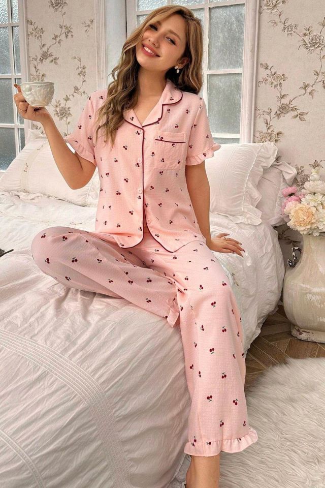 Bella Notte Kiraz Desenli Düğmeli Bebe Yaka Pijama Takımı 7035
