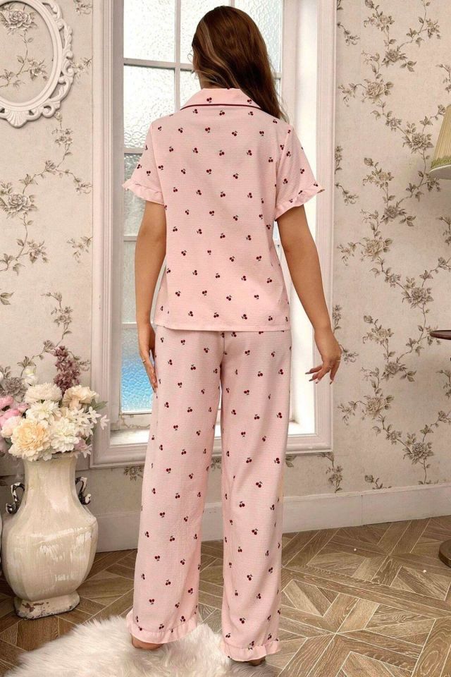 Bella Notte Kiraz Desenli Düğmeli Bebe Yaka Pijama Takımı 7035