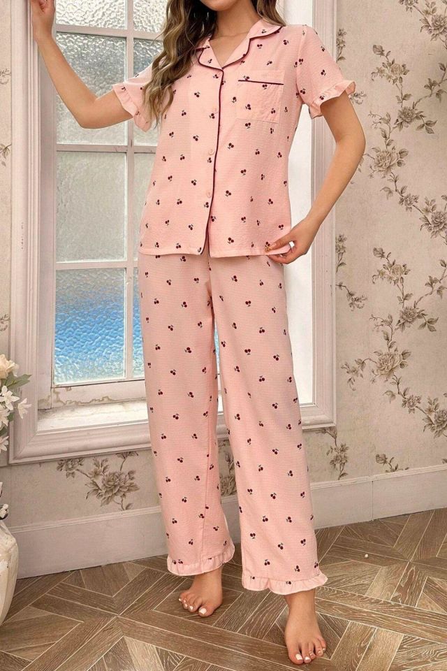 Bella Notte Kiraz Desenli Düğmeli Bebe Yaka Pijama Takımı 7035