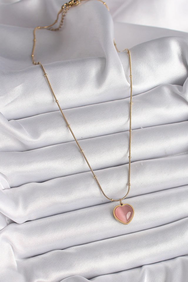 Gold Pembe Kedi Gözü Kadın Kolye - Kalp Sedefli Model