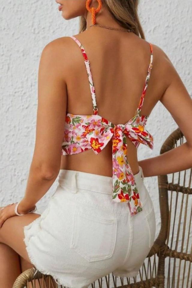 Bella Notte Çok Renkli Retro Çiçekli Askılı Crop B-5510