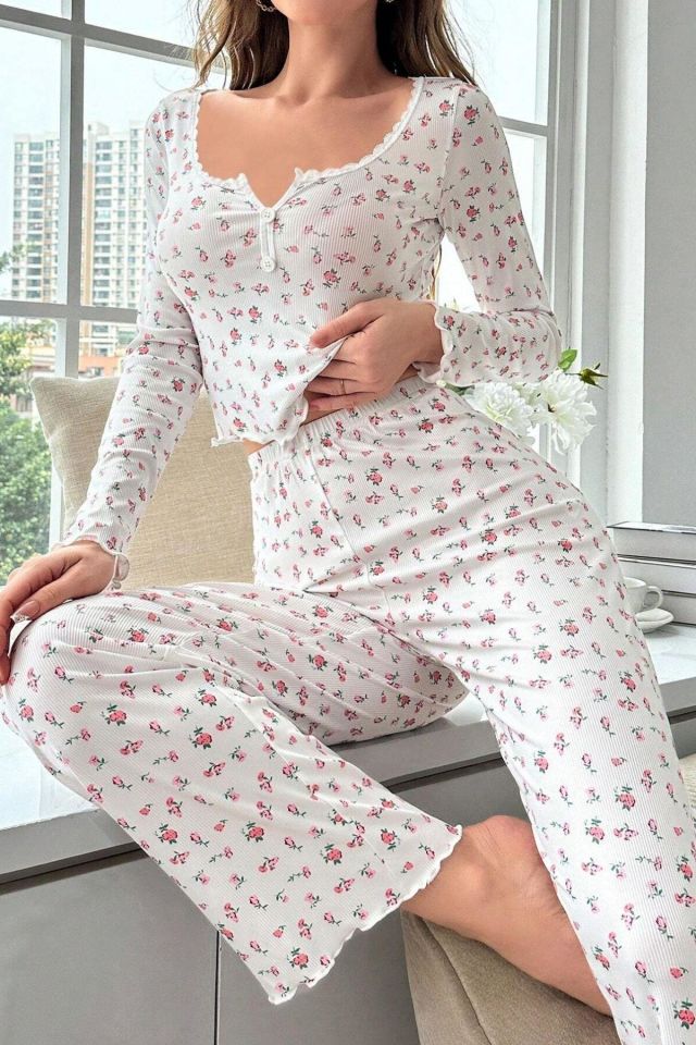 Bella Notte Ekru Sonbahar Romantizmi Uzun Kollu Pijama Takımı 7020