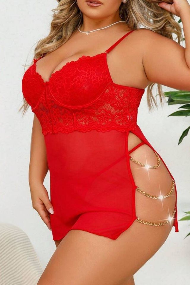 Bella Notte Kırmızı Özel Tasarım Zicir Aksesuarlı Gecelik 15576