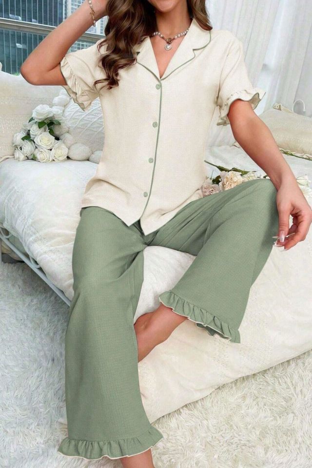 Bella Notte Yeşil Kruvaze Yaka Fırfır Detaylı Pijama Takımı 7023