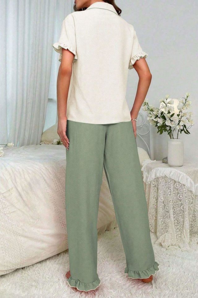Bella Notte Yeşil Kruvaze Yaka Fırfır Detaylı Pijama Takımı 7023