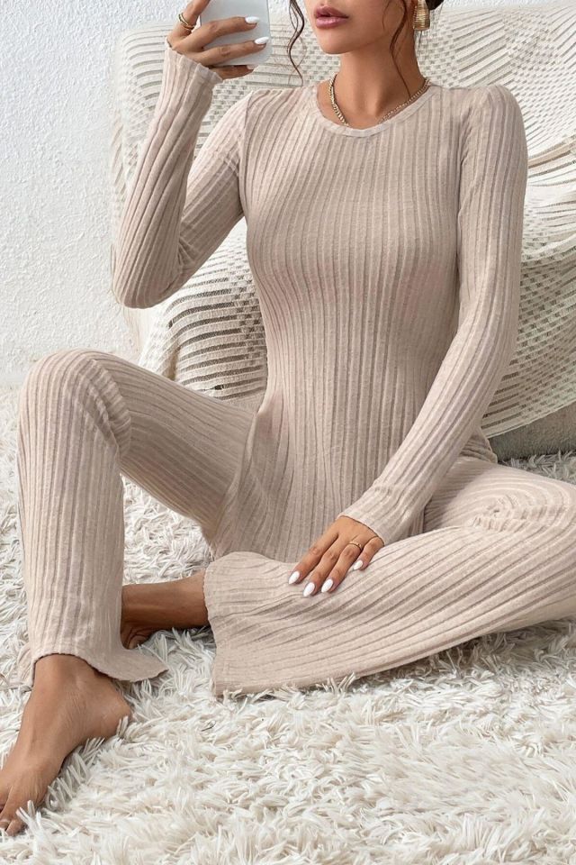 Bella Notte Bej Fitilli Yırtmaç Detaylı Uzun Pijama Takımı 7057