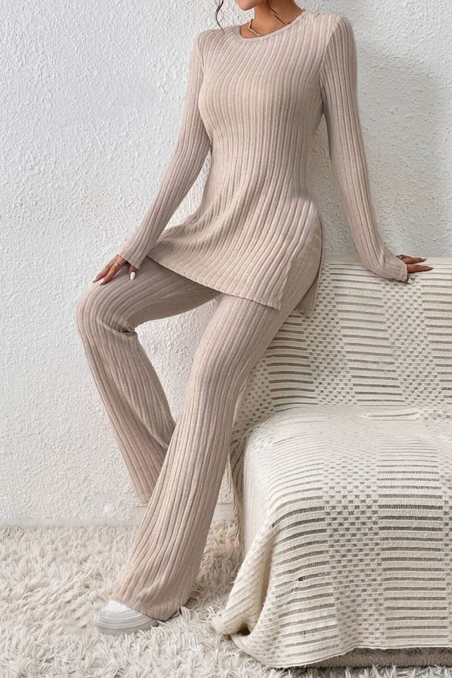Bella Notte Bej Fitilli Yırtmaç Detaylı Uzun Pijama Takımı 7057