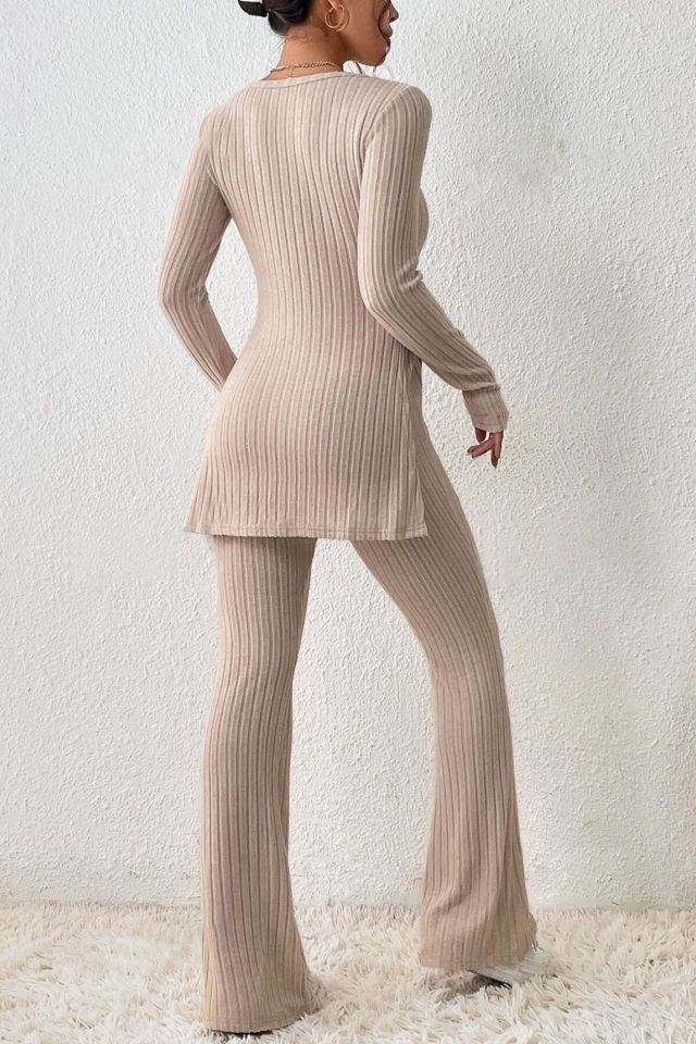 Bella Notte Bej Fitilli Yırtmaç Detaylı Uzun Pijama Takımı 7057