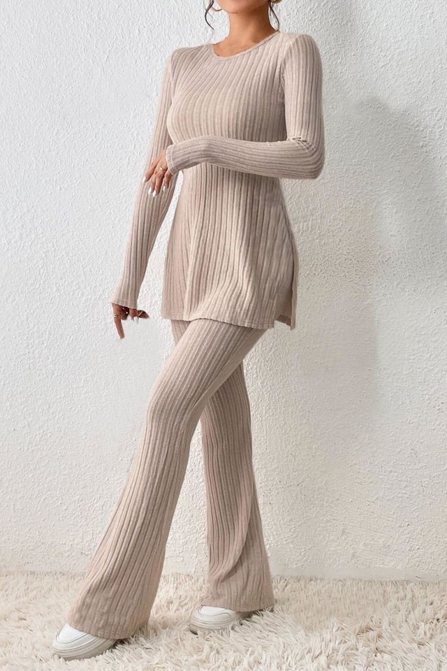Bella Notte Bej Fitilli Yırtmaç Detaylı Uzun Pijama Takımı 7057