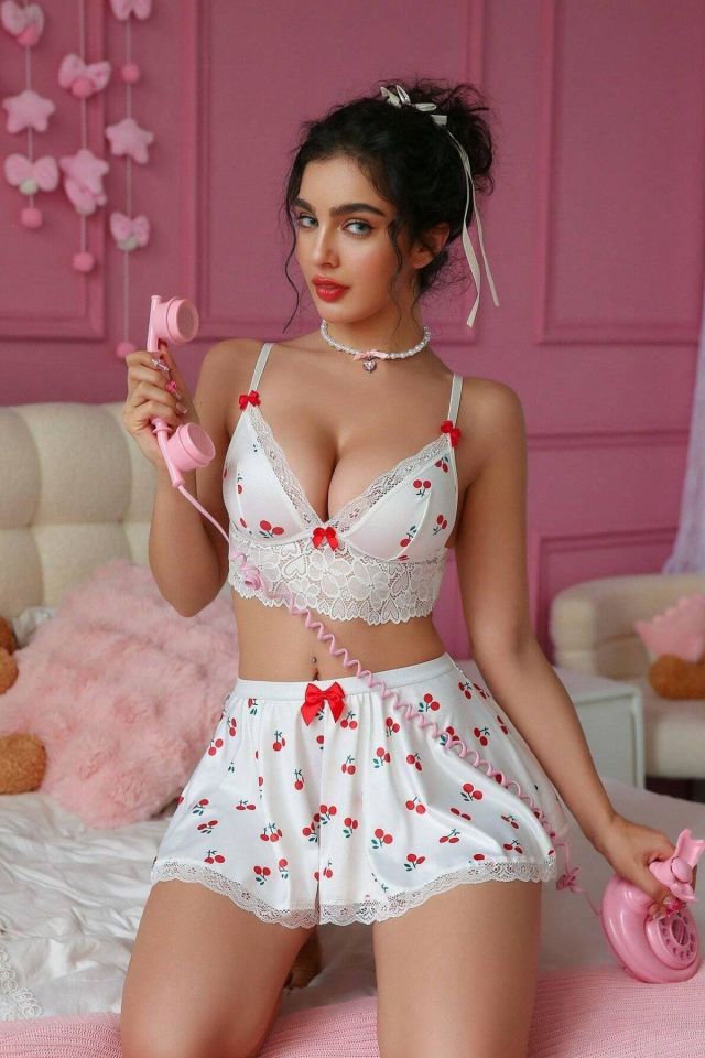 Bella Notte Beyaz Romantik Kiraz Desenli Etekli Büstiyer Takım 19509