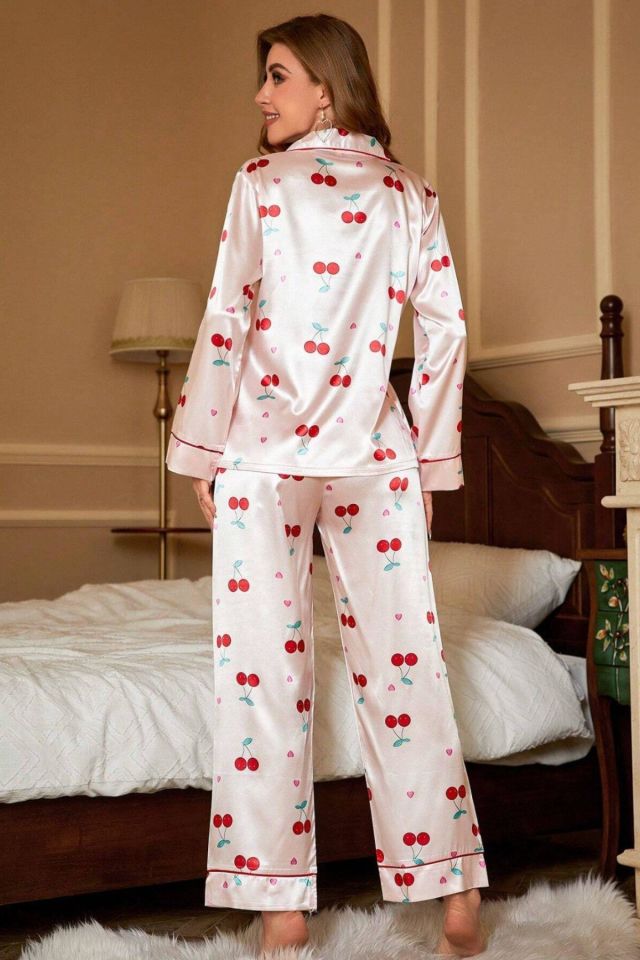 Bella Notte Toz Pembe Kiraz Desenli Saten Pijama Takımı 7065