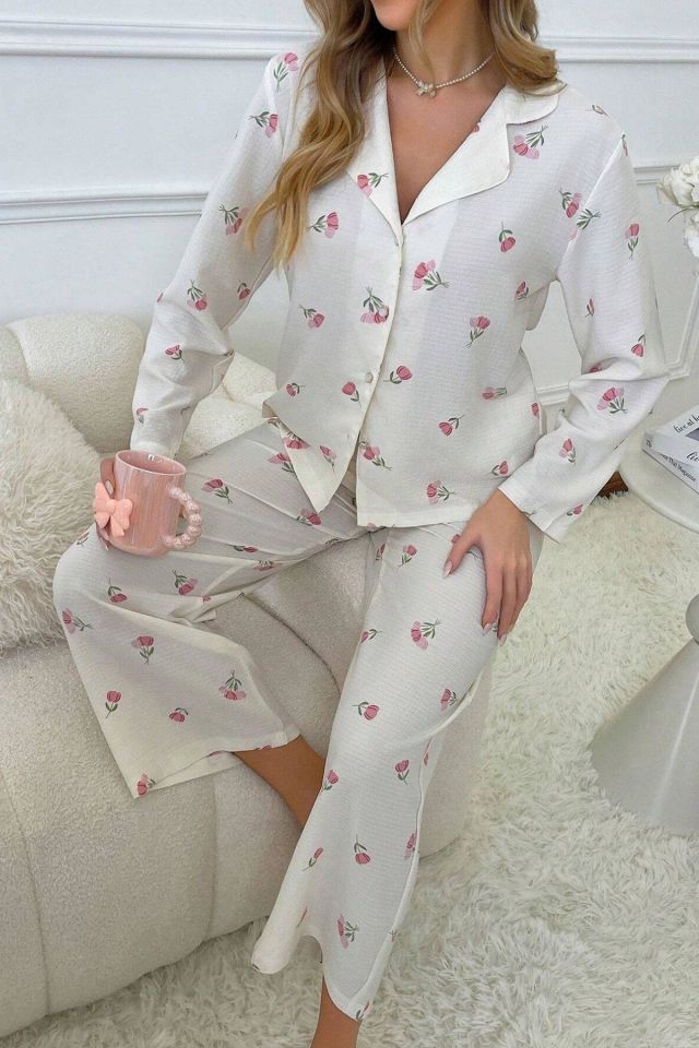 Bella Notte Ekru Desenli Düğmeli Uzun Pijama Takım 7085