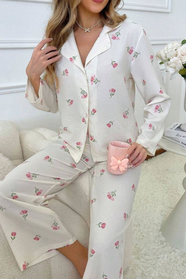 Bella Notte Ekru Desenli Düğmeli Uzun Pijama Takım 7085