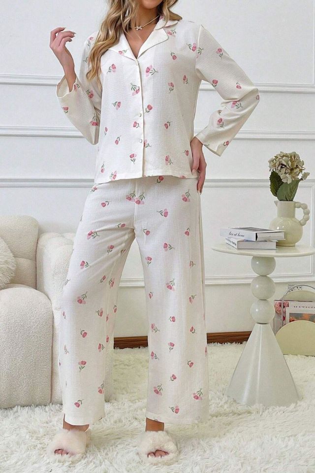 Bella Notte Ekru Desenli Düğmeli Uzun Pijama Takım 7085