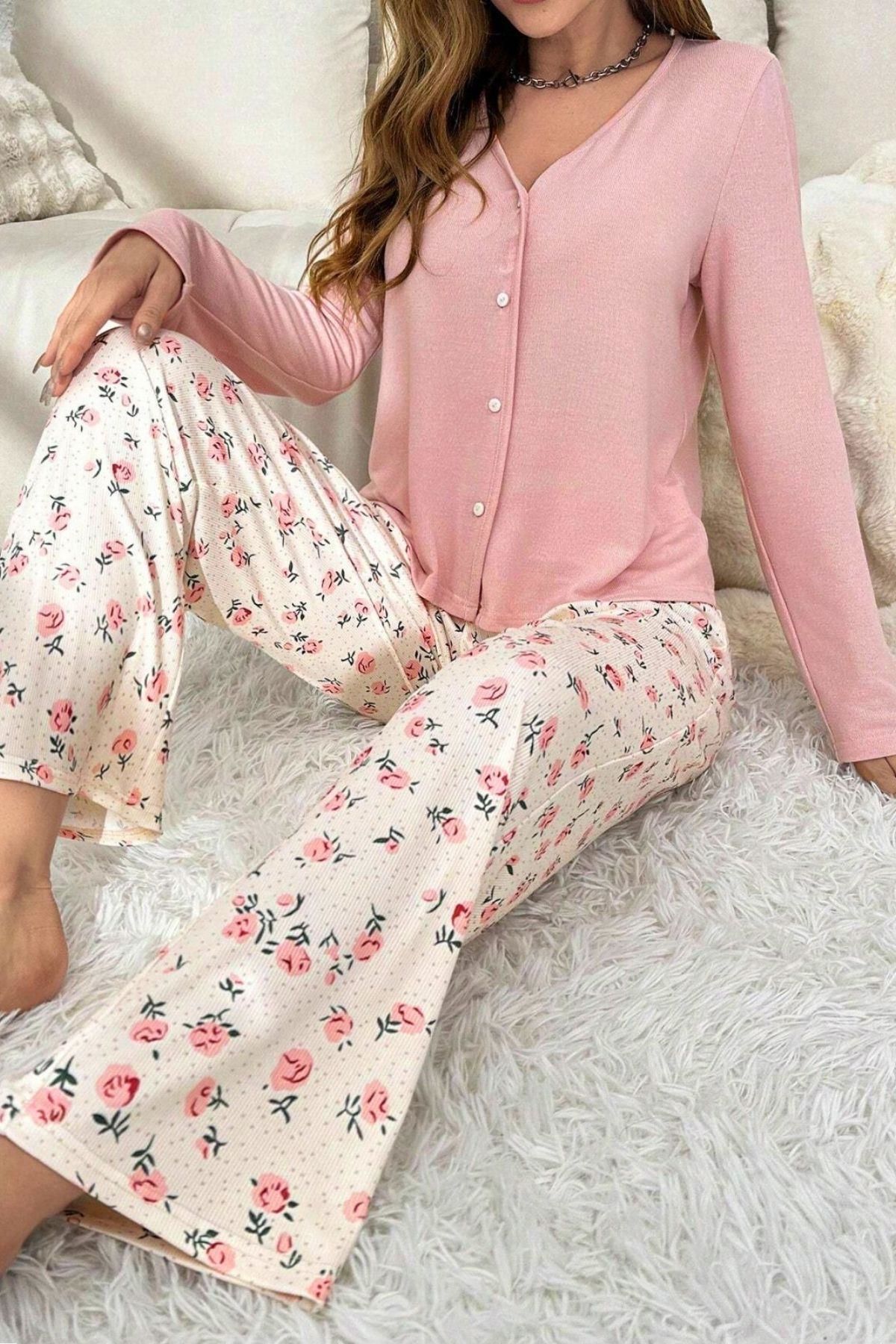 Bella Notte Toz Pembe V Yaka Pamuklu Pijama Takımı 7087