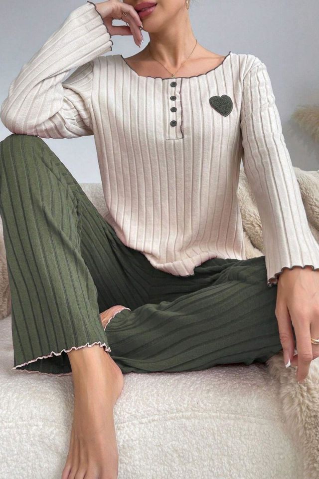 Bella Notte Yeşil Pamuklu Kalp Detaylı Pijama Takımı 7089