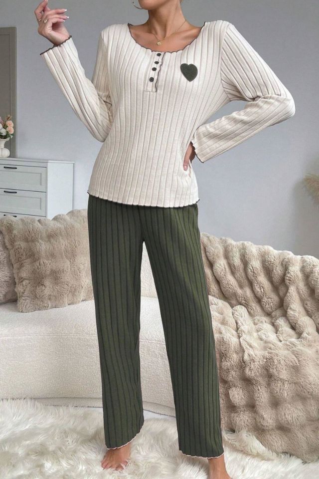 Bella Notte Yeşil Pamuklu Kalp Detaylı Pijama Takımı 7089