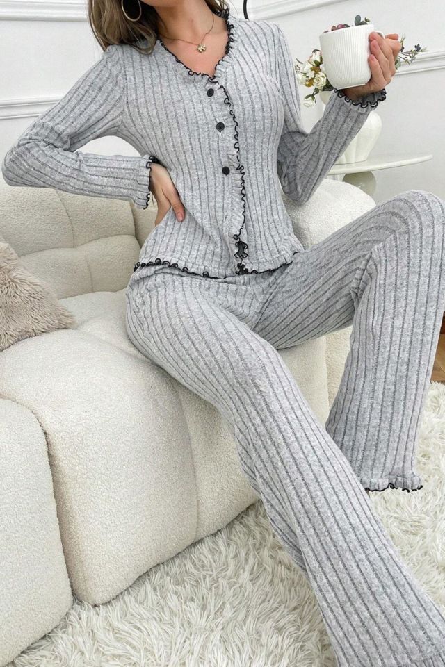 Bella Notte Gri Fırfırlı V Yaka Pamuklu Pijama Takımı 7091