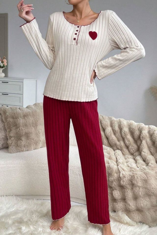 Bella Notte Bordo Pamuklu Kalp Detaylı Pijama Takımı 7107