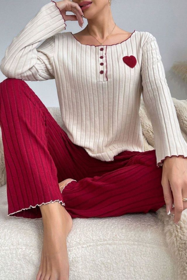 Bella Notte Bordo Pamuklu Kalp Detaylı Pijama Takımı 7107
