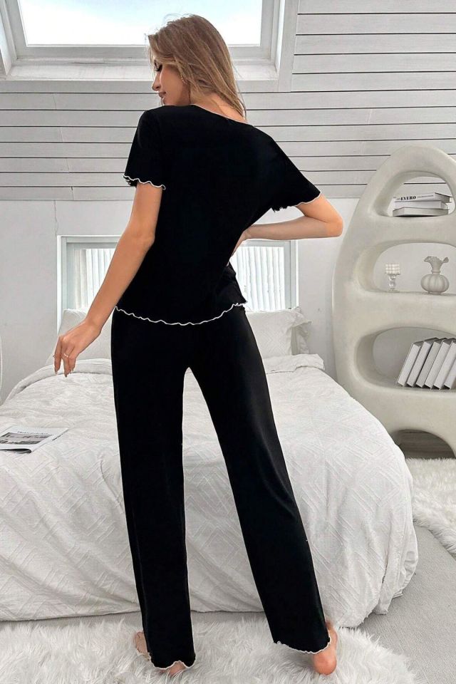 Bella Notte Siyah Kısa Kollu Fiyonk Detaylı Pamuklu Pijama Takımı 7105