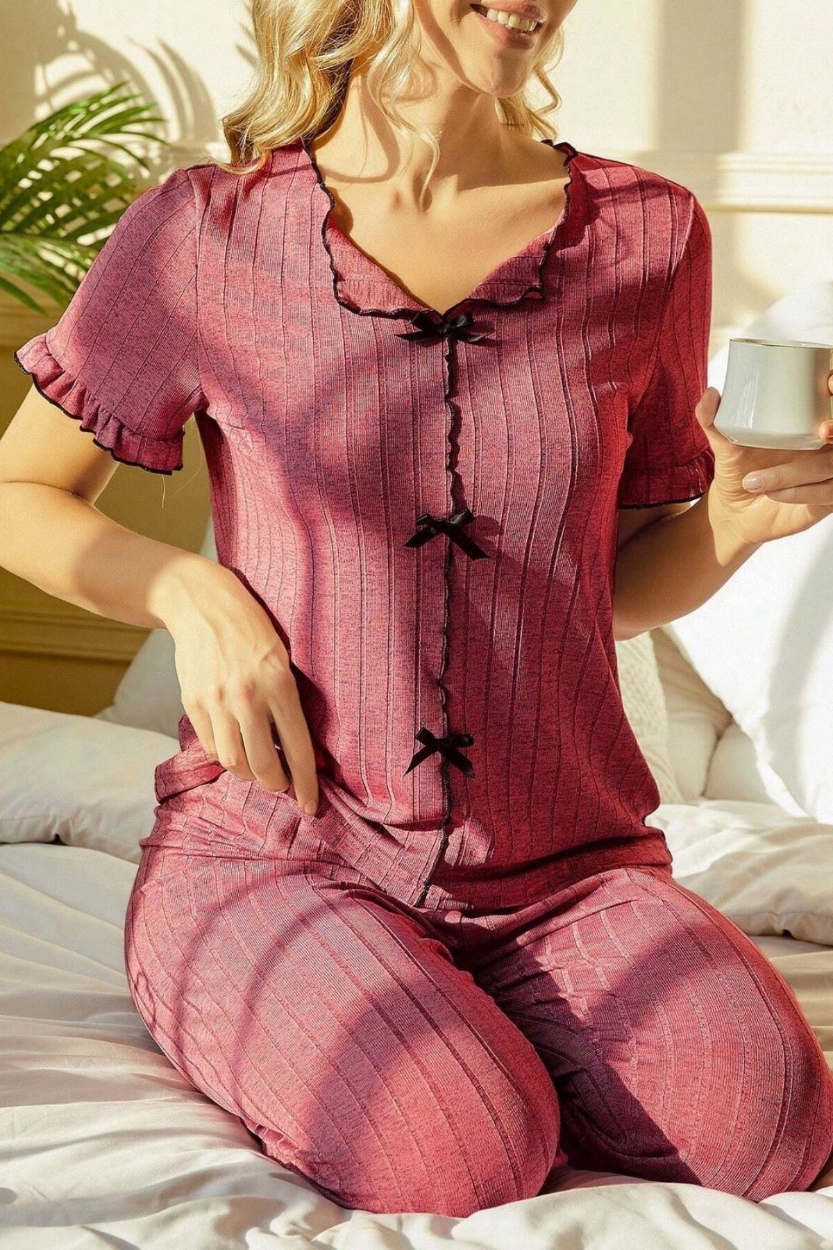 Bella Notte Gül Kurusu Kısa Kollu Pamuklu Pijama Takımı 7109