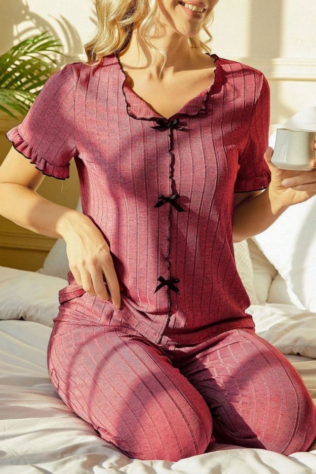 Bella Notte Gül Kurusu Kısa Kollu Pamuklu Pijama Takımı 7109