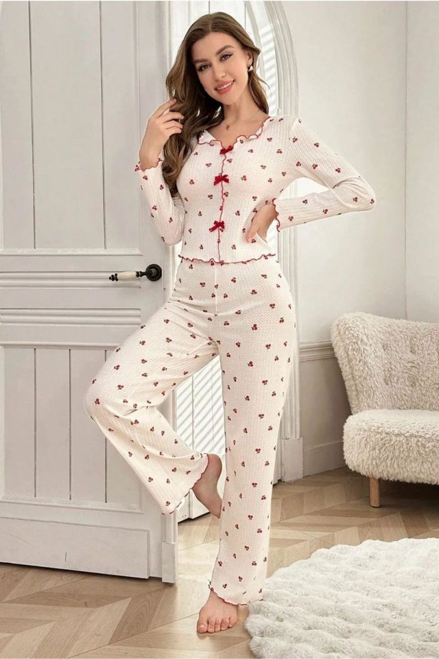Bella Notte Pamuklu Kurdale Detaylı Kiraz Desenli Pijama Takımı 7135