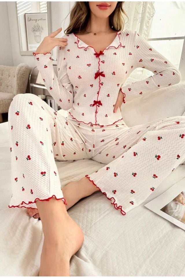 Bella Notte Pamuklu Kurdale Detaylı Kiraz Desenli Pijama Takımı 7135