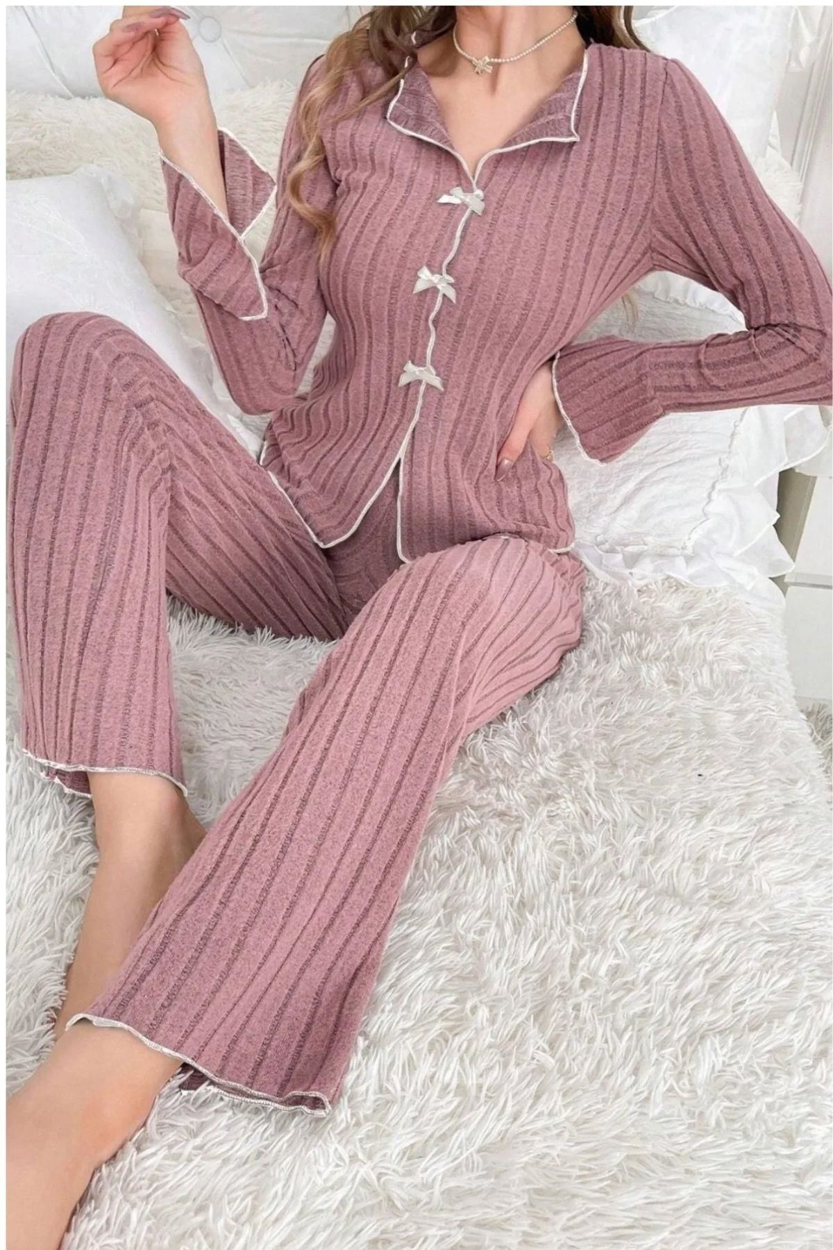 Bella Notte Siyah Kısa Kollu Kurdale Detaylı Pijama Takımı 7153