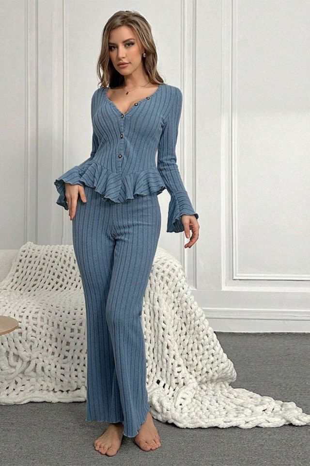 Bella Notte Mavi Düğmeli Uzun Pijama Takım 7113