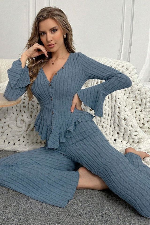 Bella Notte Mavi Düğmeli Uzun Pijama Takım 7113