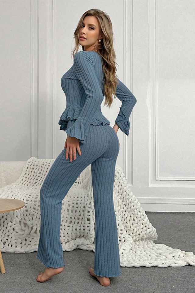 Bella Notte Mavi Düğmeli Uzun Pijama Takım 7113