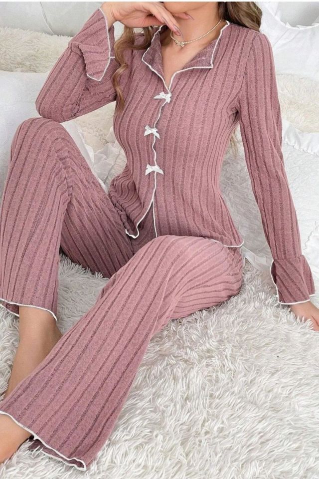 Bella Notte Gül Kurusu Kurdale Detaylı Uzun Kollu Pijama Takımı 7159