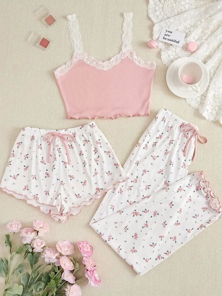 Bella Notte Pembe Çiçek Desenli 3'lü Pijama Takımı 7705