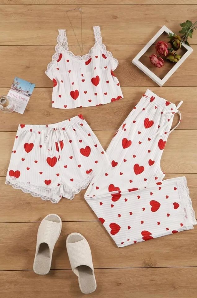 Bella Notte Pamuklu 3 Parça Kalp Desenli Pijama Takımı 7707