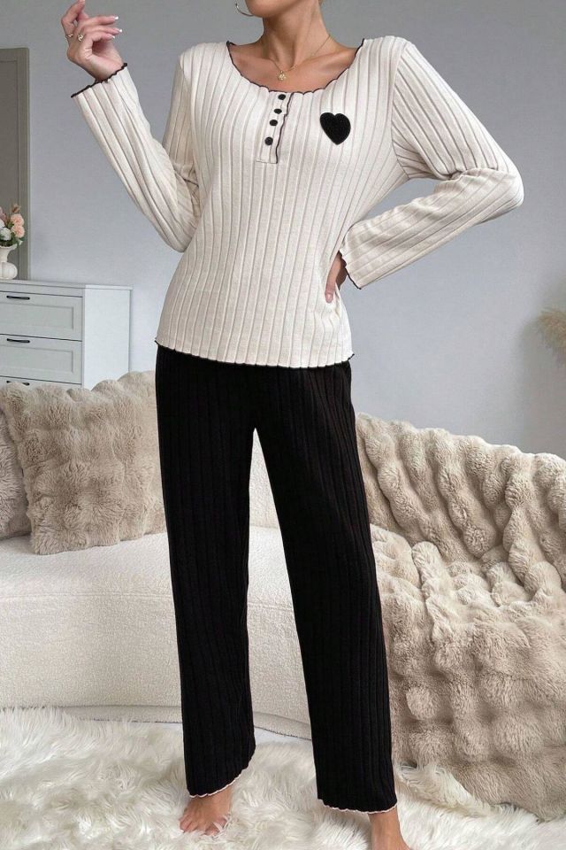 Bella Notte Siyah Pamuklu Kalp Detaylı Pijama Takımı 7157
