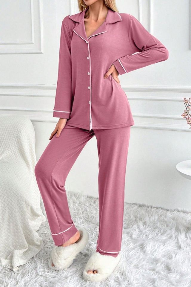 Bella Notte Gül Kurusu Düğme Detaylı Pamuklu Pijama Takımı 7145